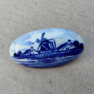 Vintage Blue & White Holland Delft Windmill Oval Brooch Pin